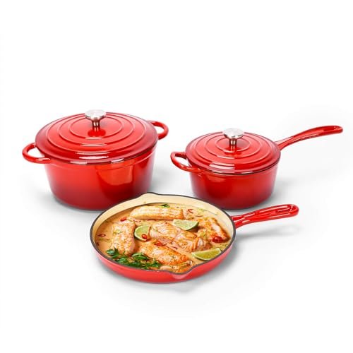 Enameled Cast Iron Cookware Set - 3 Pieces, Red