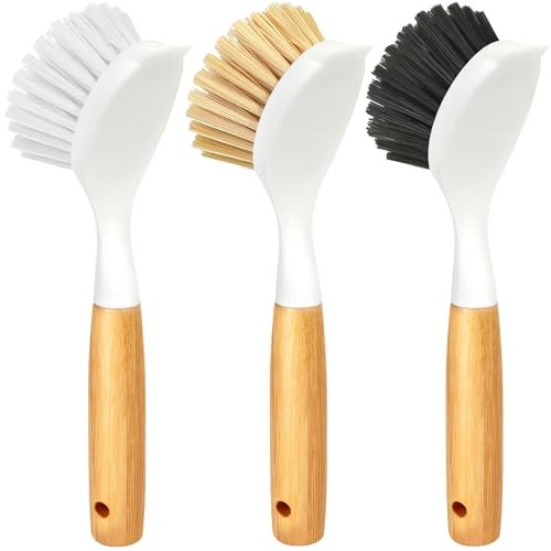 Holikme 3 Pack Dish Brush Set with Bamboo Handle Scrubbers
