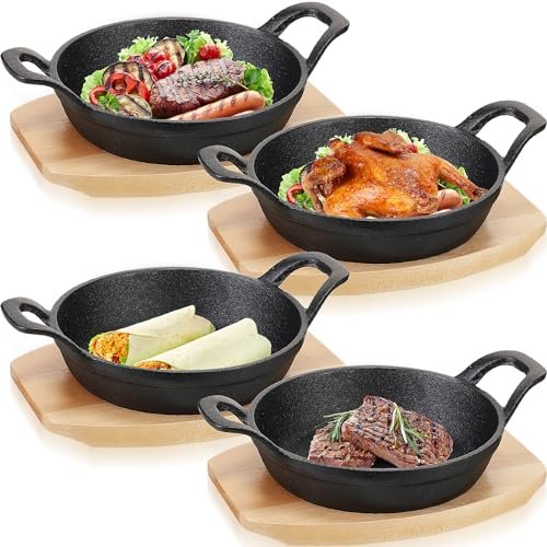 Sliner 4 Sets Mini Cast Iron Skillet with Wooden Base
