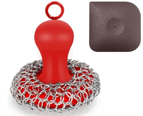 Cast Iron Cleaner Scrubber with Handle - Chainmail Scrubber...