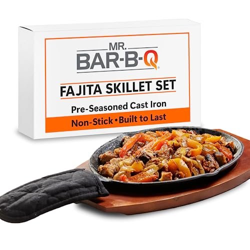 Mr. Bar-B-Q Cast Iron Fajita Skillets Set, Wooden Base...