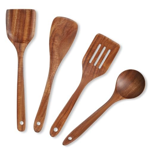 BONUMVITA 4 Pack Wooden Spatula Set, Teakwood for Non-Stick...