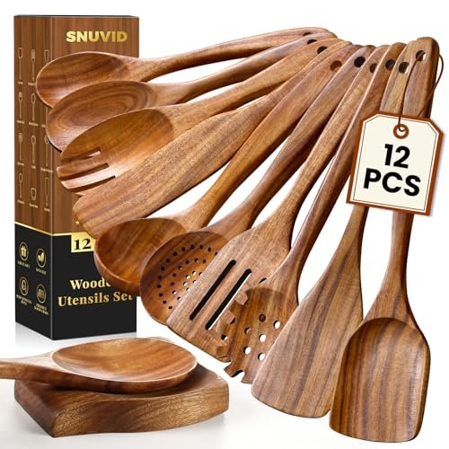 Wooden Spoons for Cooking, 12 Pcs Teak Utensil Set with