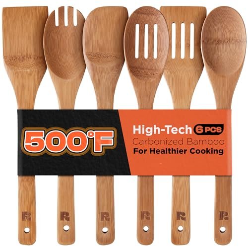 Riveira Dark Bamboo Wooden Spoons for Cooking, 6-Piece...