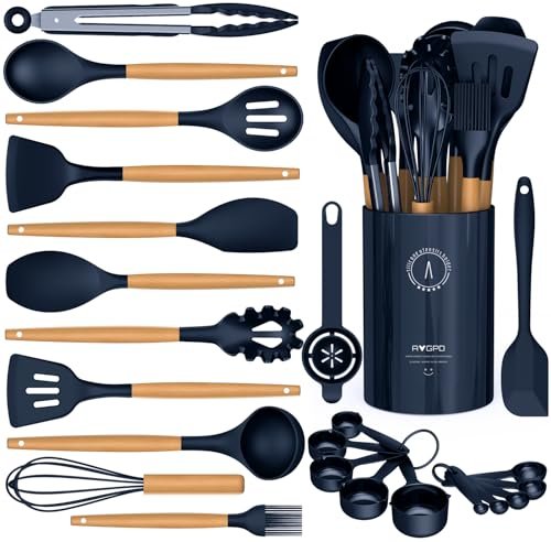 Silicone Cooking Utensils Set - AVGPD Silicone with Wooden...