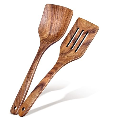 2Pcs Wooden Spatula, Acacia Solid & Slotted Kitchen Turner...