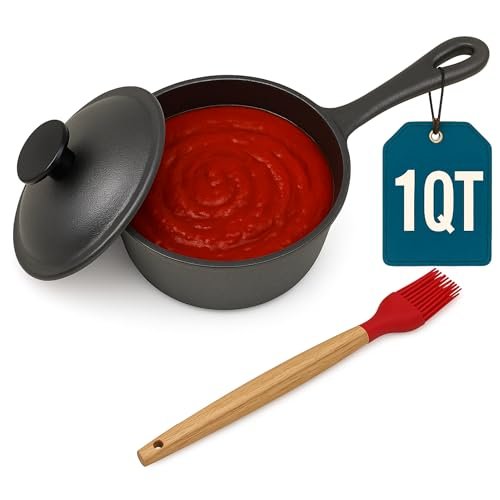 1 QT Cast Iron Sauce Pot with Lid and Wood