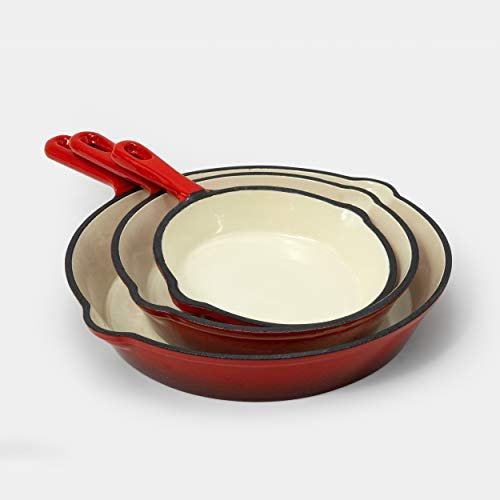 EXCELSTEEL 3 Pc Cast Iron Skillet Set with Red Enamel