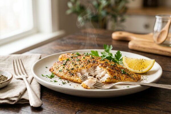 air fryer tilapia recipe on a rustic wooden table setting