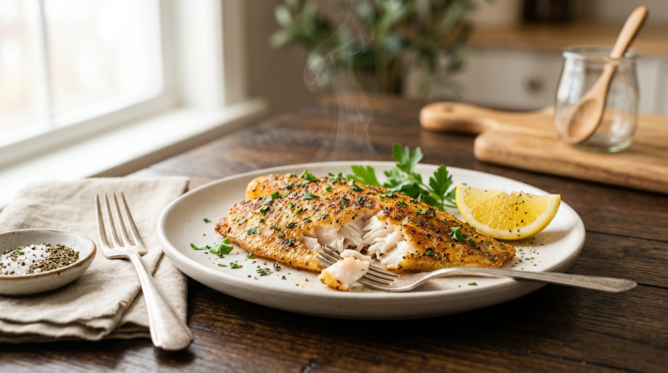 air fryer tilapia recipe on a rustic wooden table setting