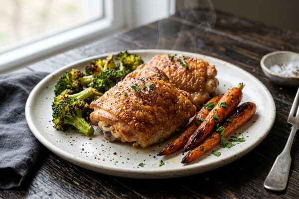 ninja air fryer recipes chicken thighs with roasted vegetables on plate