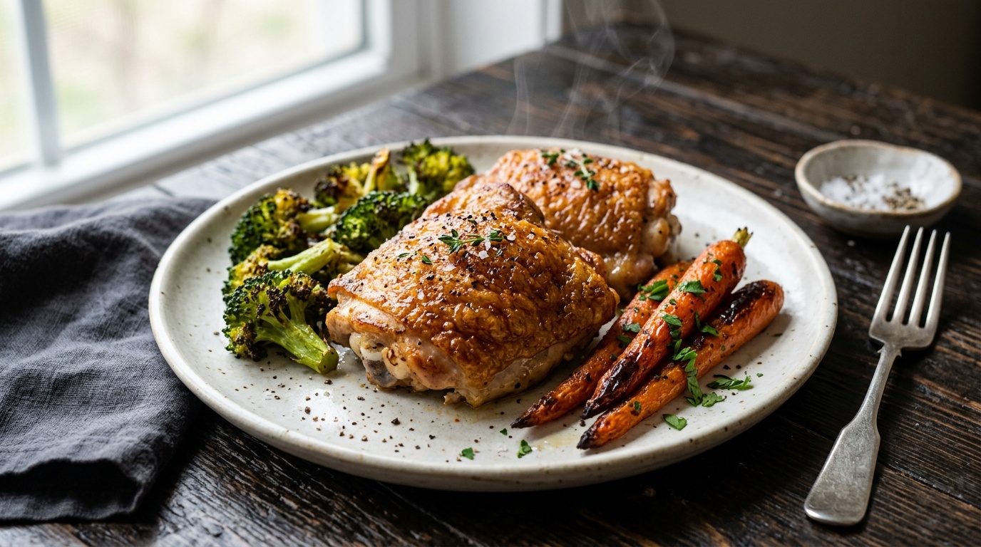 ninja air fryer recipes chicken thighs with roasted vegetables on plate