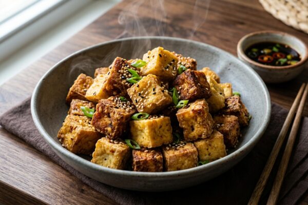 tofu air fryer recipes showing crispy golden cubes