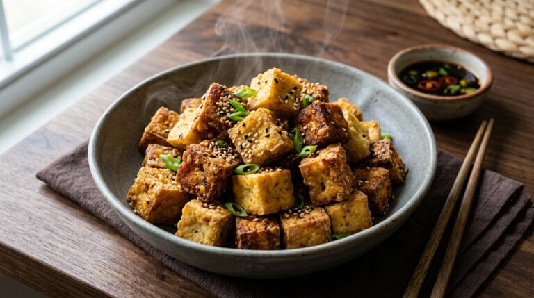 tofu air fryer recipes showing crispy golden cubes