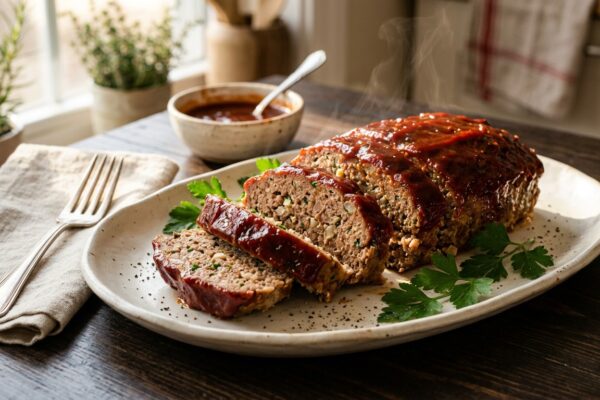 1 lb meatloaf recipe sliced on a platter showing moist texture