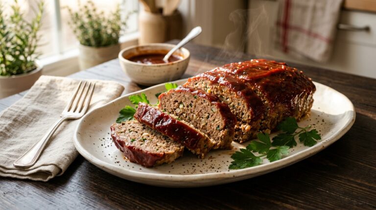 1 lb meatloaf recipe sliced on a platter showing moist texture
