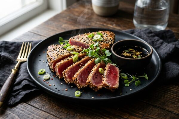 ahi tuna steak recipe sliced to show rare ruby center
