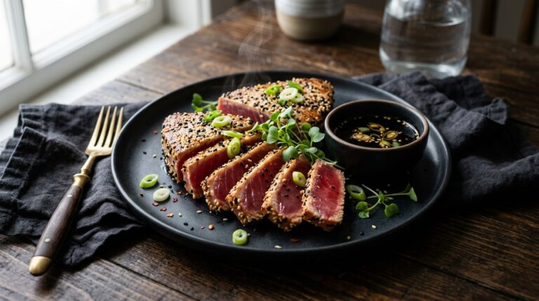 ahi tuna steak recipe sliced to show rare ruby center