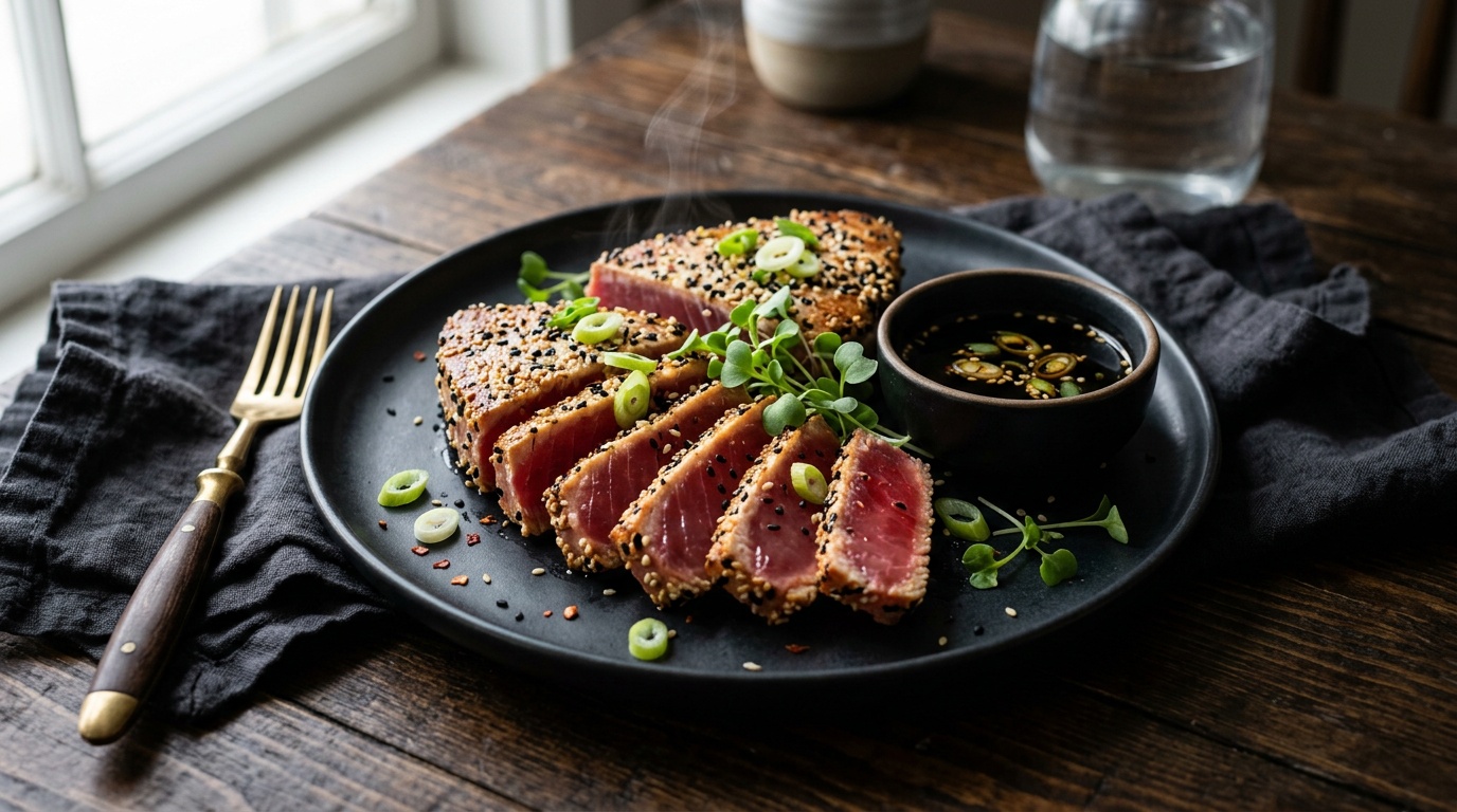 ahi tuna steak recipe sliced to show rare ruby center