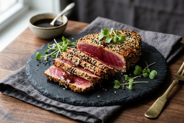 ahi tuna steak recipes — seared tuna with sesame crust.