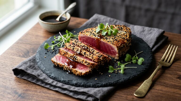 ahi tuna steak recipes — seared tuna with sesame crust.