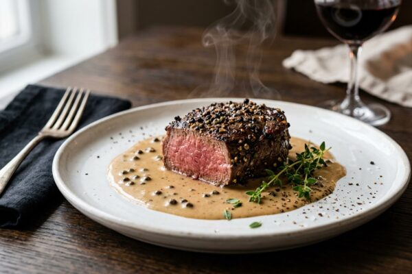 au poivre steak recipe served with creamy cognac sauce