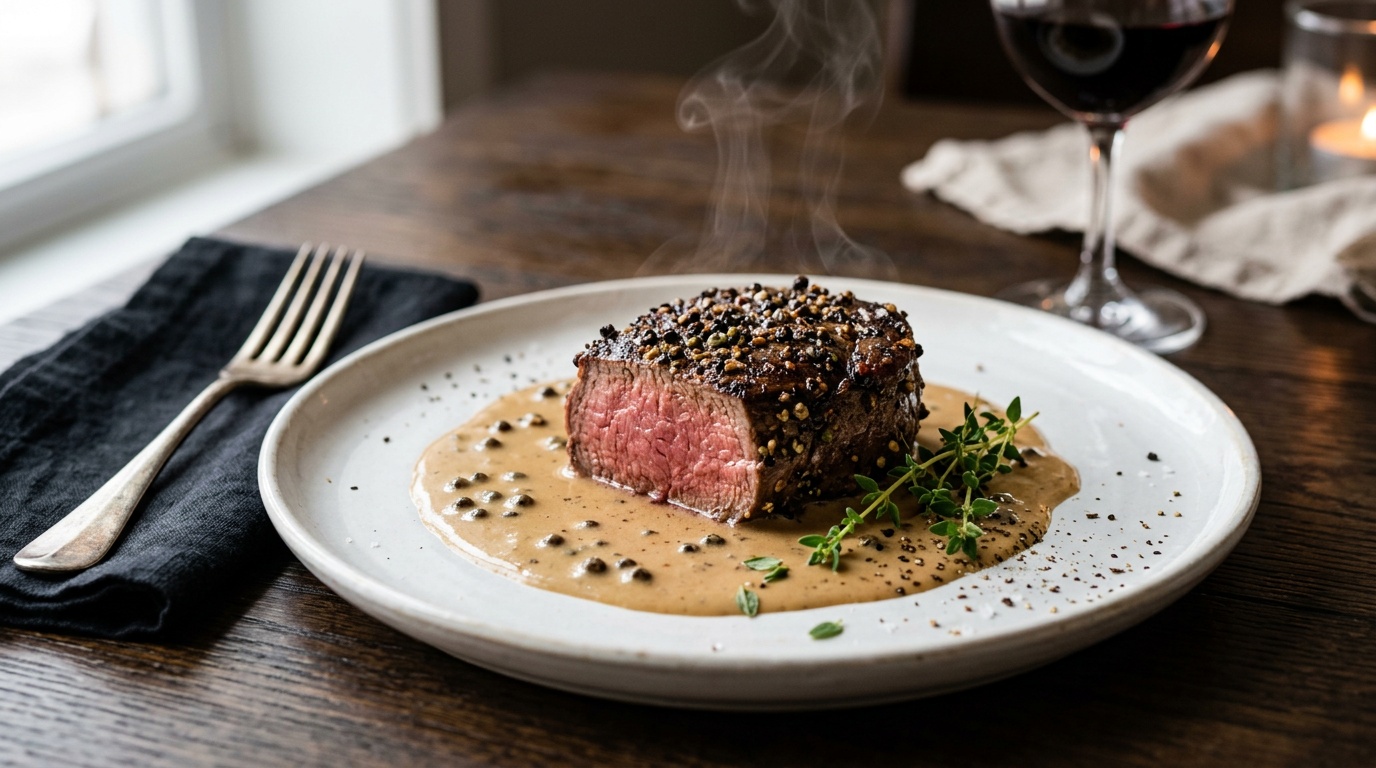 au poivre steak recipe served with creamy cognac sauce