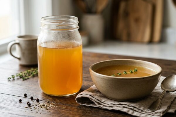 beef bone broth recipe in a glass jar and bowl
