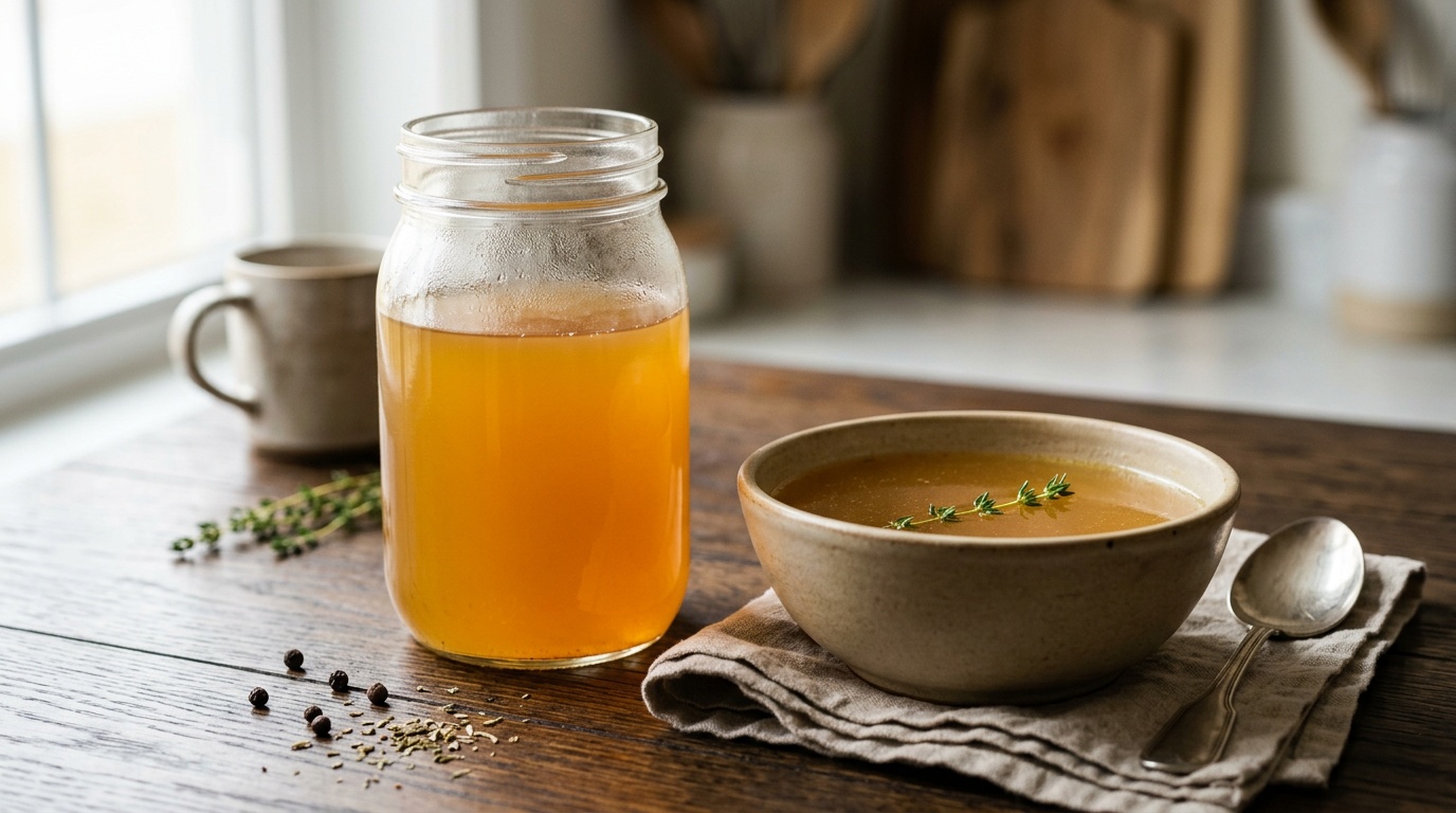 beef bone broth recipe in a glass jar and bowl