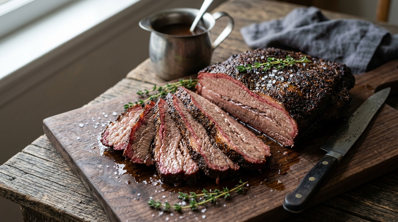 beef brisket recipe oven slice showing tender meat texture
