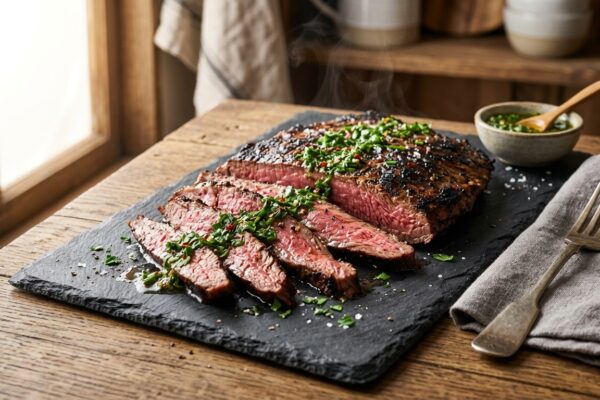 beef flank steak recipes — sliced medium-rare steak with green sauce