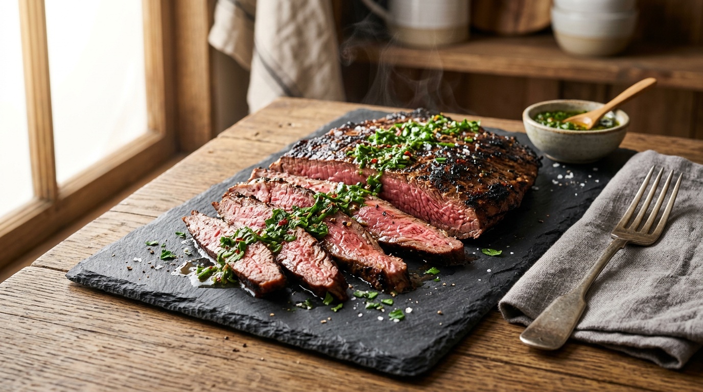 beef flank steak recipes — sliced medium-rare steak with green sauce