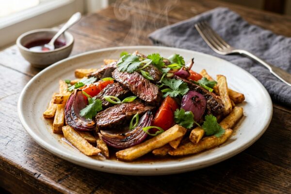 beef lomo saltado recipe with seared steak and crispy fries