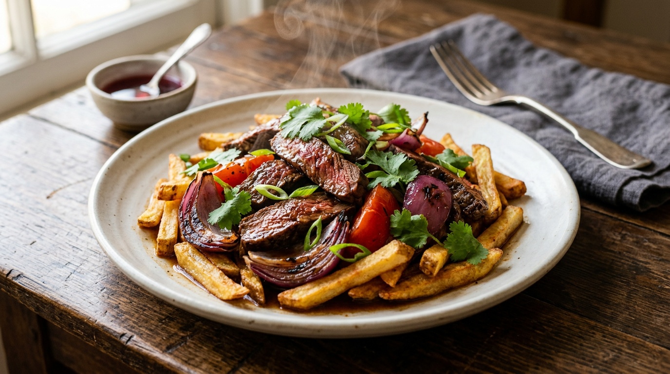 beef lomo saltado recipe with seared steak and crispy fries
