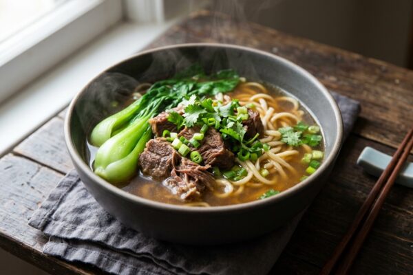 beef noodle soup recipe served in a ceramic bowl with bok choy