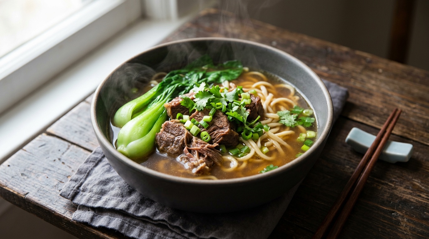 beef noodle soup recipe served in a ceramic bowl with bok choy
