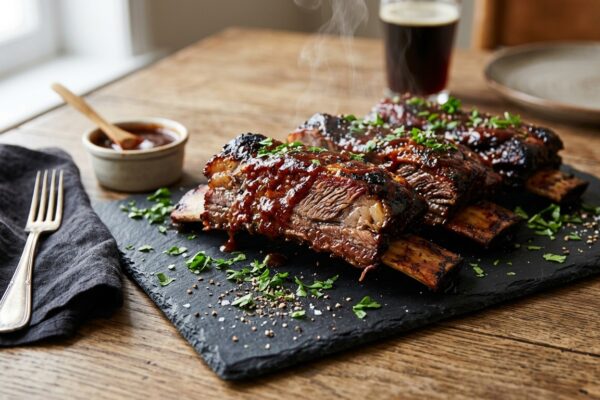 beef ribs recipe oven featuring sticky glazed ribs on slate