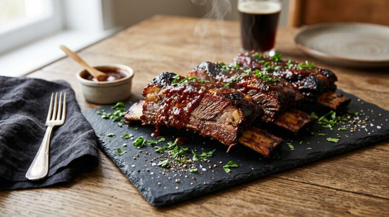 beef ribs recipe oven featuring sticky glazed ribs on slate