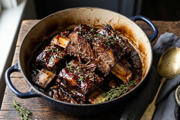 beef short ribs recipe oven in a dutch oven with glaze