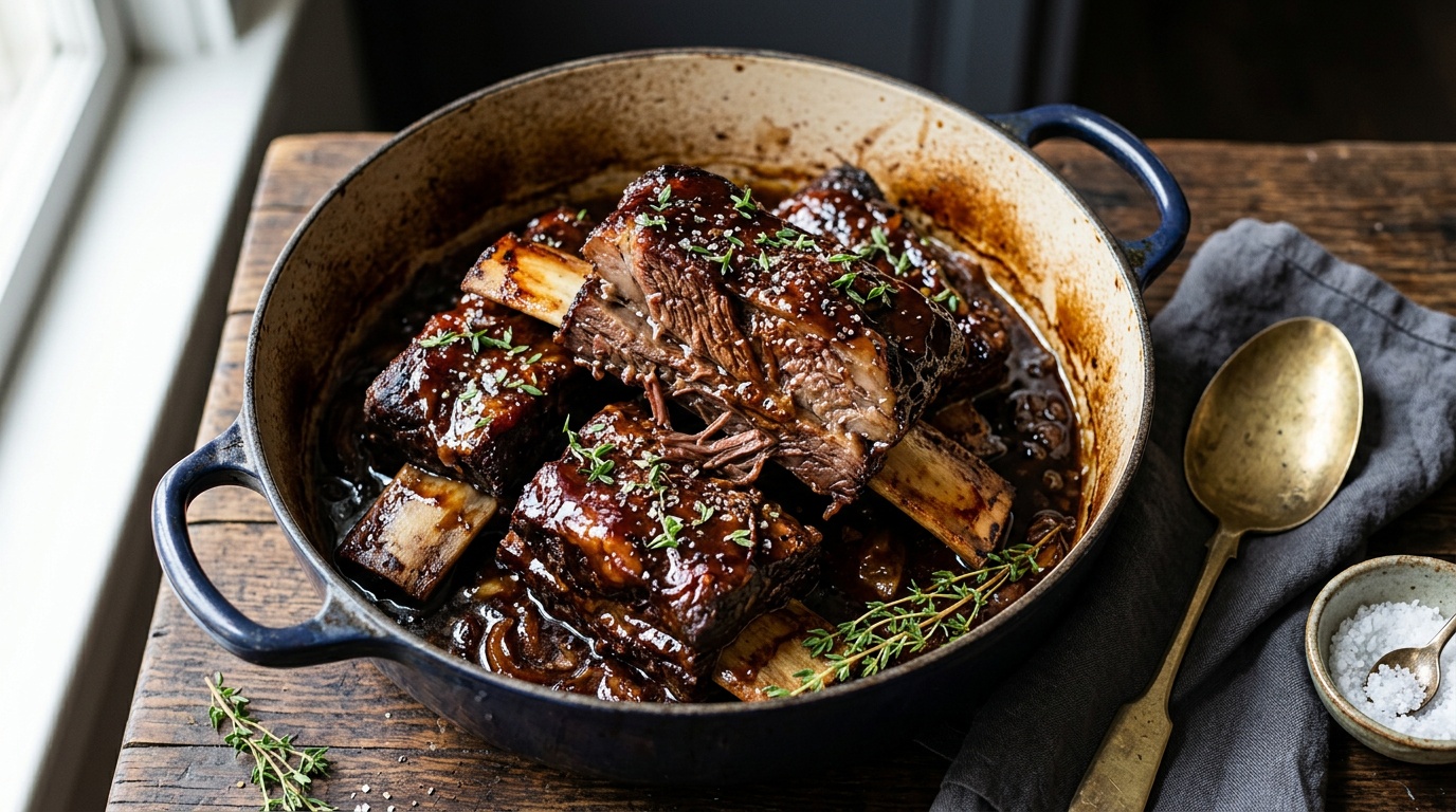 beef short ribs recipe oven in a dutch oven with glaze