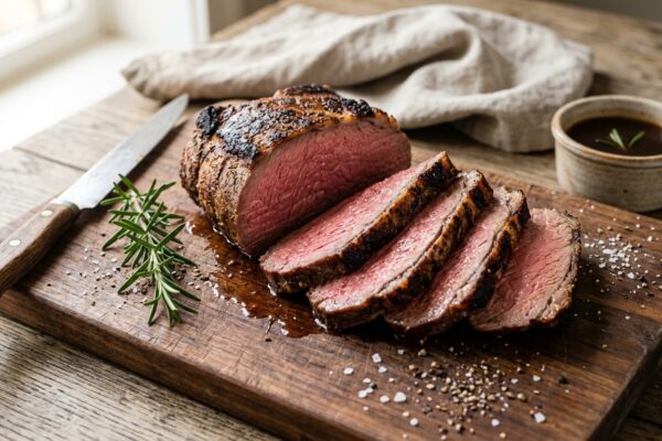 beef sirloin tip roast recipe sliced on a wooden board