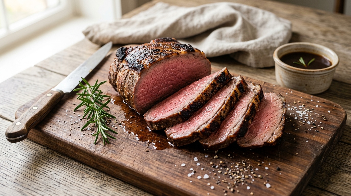 beef sirloin tip roast recipe sliced on a wooden board