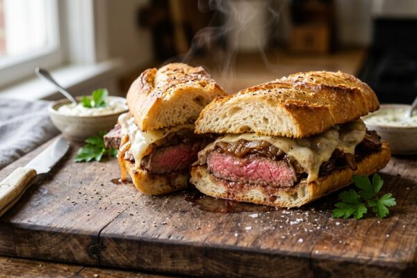 beef steak sandwich recipe featuring medium-rare ribeye and caramelized onions