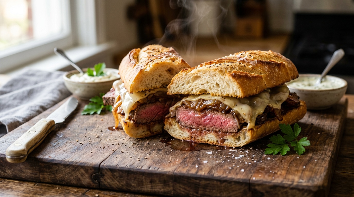 beef steak sandwich recipe featuring medium-rare ribeye and caramelized onions