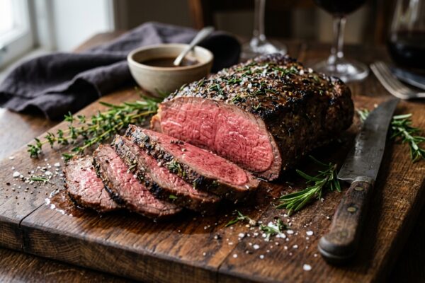 beef striploin roast recipe sliced on a rustic wooden board.