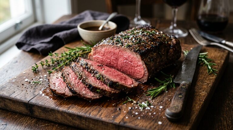 beef striploin roast recipe sliced on a rustic wooden board.