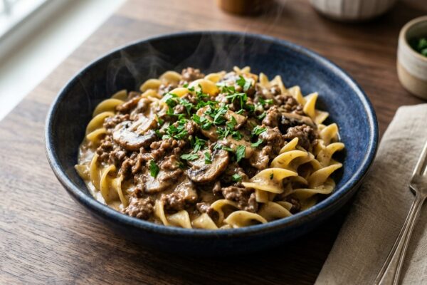 beef stroganoff recipe with ground beef served in a bowl