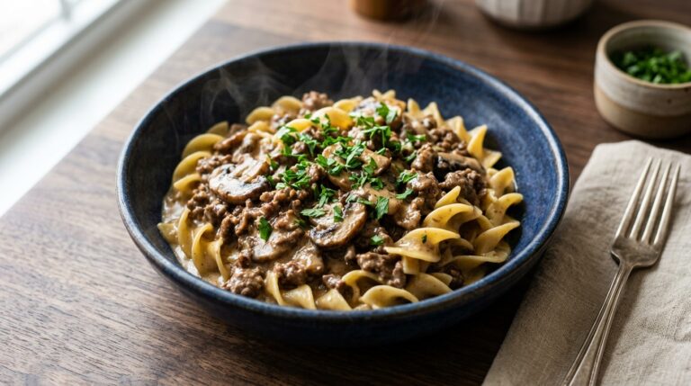 beef stroganoff recipe with ground beef served in a bowl