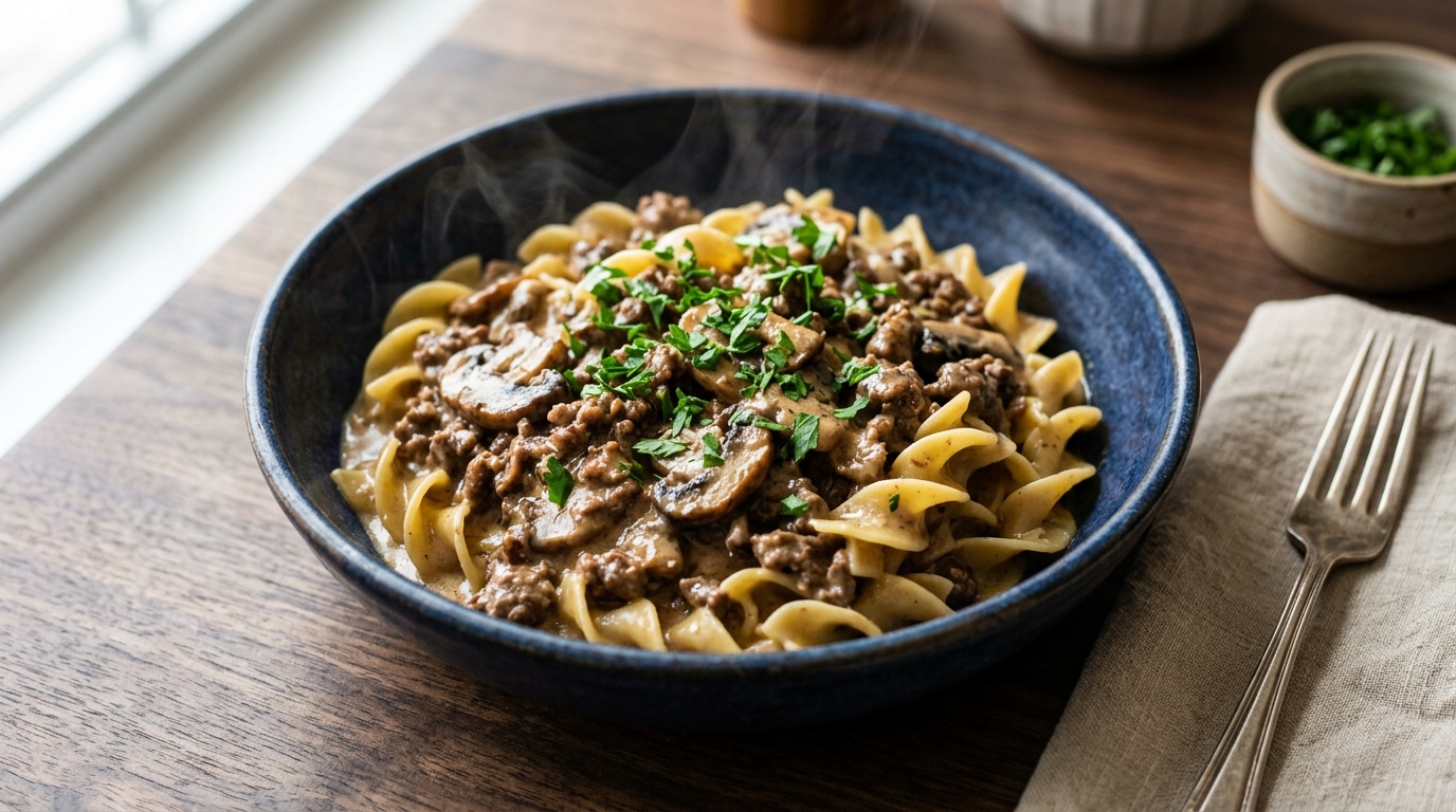 beef stroganoff recipe with ground beef served in a bowl