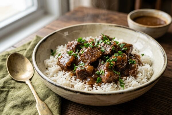 beef tips and rice recipe in a ceramic bowl